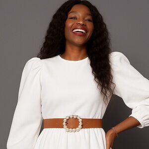 Elegant Tan Faux Leather Belt with Pearl-Embellished Oval Buckle